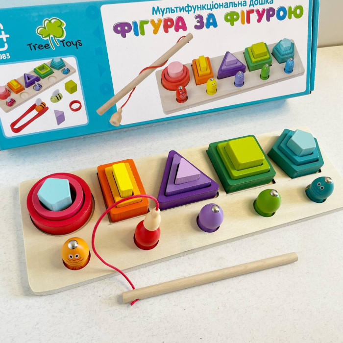 Деревянная игрушка «Геометрика: Фигура за фигурой» (40 шт), 15 фигур, 2 вида (рыбалка, достань пчёлку)