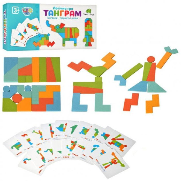 Дерев’яна логічна гра Танграм Tree Toys, 21 фігурка та 20 карток-завдань