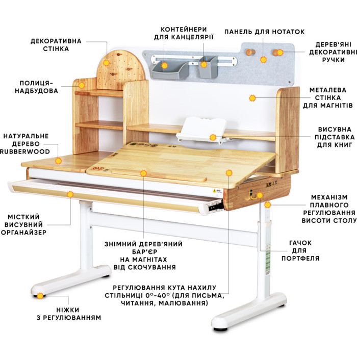 Дитячий стіл Mealux Timberdesk L  - стільниця дерево/ніжки білі
