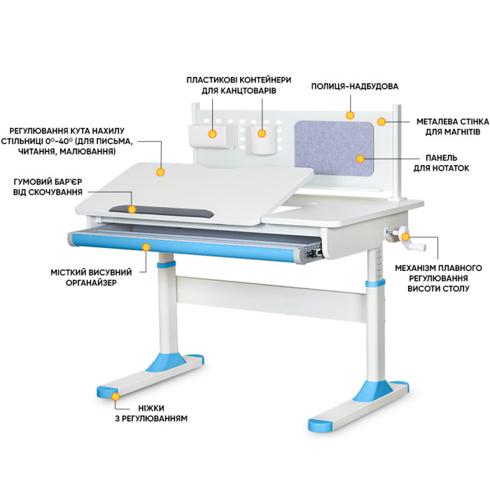 Дитячий стіл ErgoKids TH-325 Blue  - стільниця біла / накладки на ніжках блакитні