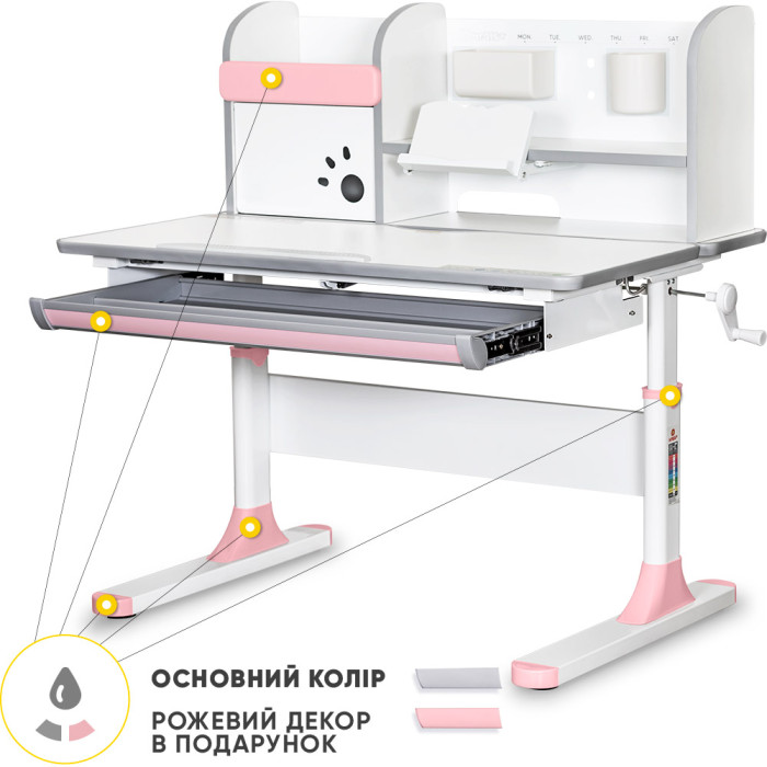 Дитячий стіл Mealux Edmonton Multicolor PN з полицею  - cтільниця біла / накладки сірі і рожеві